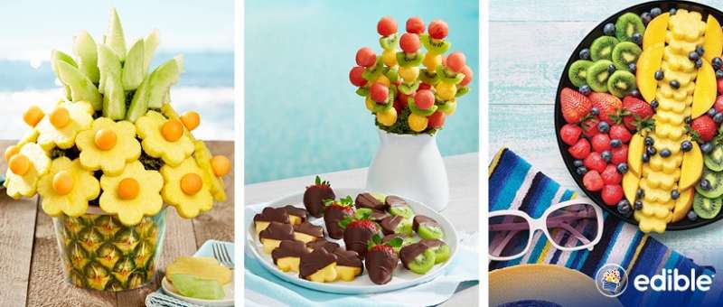 3 displays of fruit cut into edible arrangements