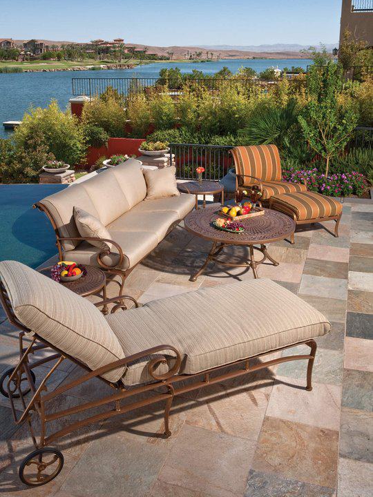 Patio furniture with a lake in the background